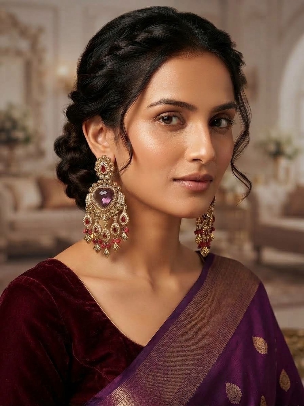 Gold and Purple Statement Chandbali Earrings - Women Jewelry